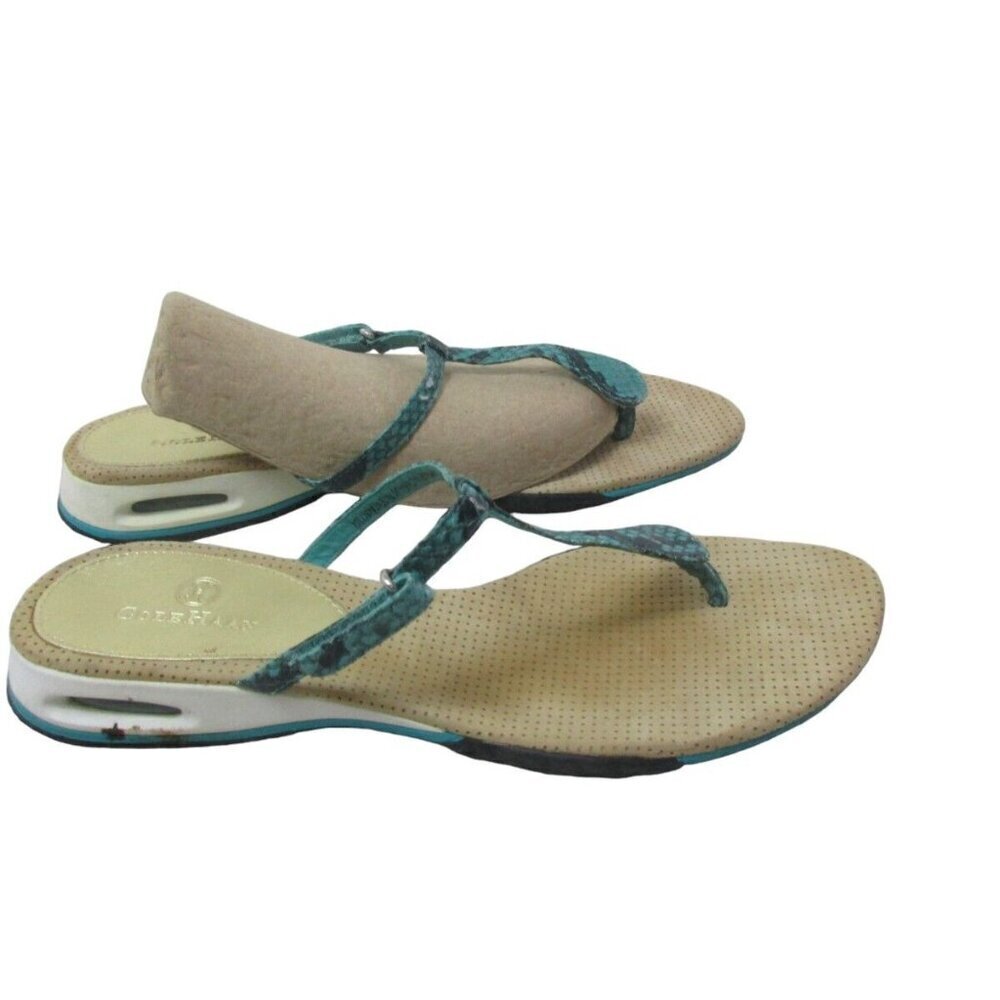 Cole Haan T Bar Flat Thong Sandals Womens Green Leather Comfort Slip On‎